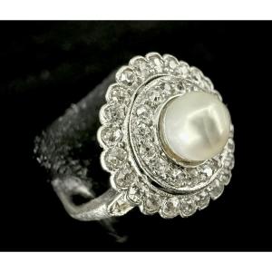 Art Nouveau Platinum Ring Adorned With A Fine Pearl And Diamonds