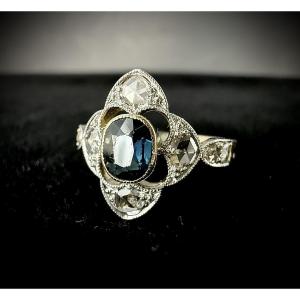 Art Nouveau Gold And Platinum Ring Set With A Sapphire And Rose-cut Diamonds
