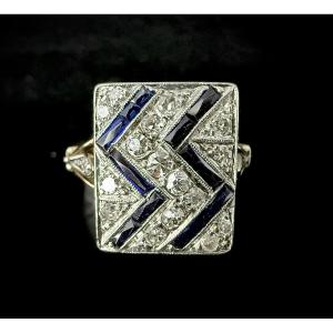 Art Deco Ring In Yellow And White Gold Set With Sapphires And Diamonds