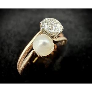 Napoleon III "toi Et Moi" Ring In Gold Set With A Fine Pearl And Diamond