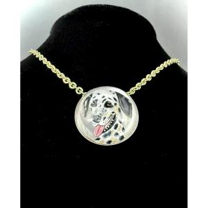 Yellow Gold And English Crystal Pendant/medallion Depicting A Dalmatian On A Mother-of-pearl Background