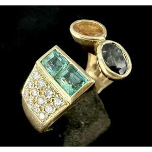 Yellow Gold Ring Set With Emeralds, Diamonds And Blue And Yellow Sapphires
