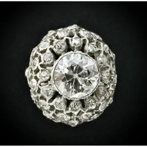 Art Nouveau Ring In Silver On Yellow Gold, Set With An Old-cut Diamond Of 1.20 Carats