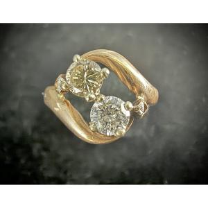 Art Nouveau Ring In Pink Gold Set With 2 Diamonds Of 0.20 And 0.22 Carat G/h And Cognac Color