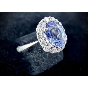 18k Gold Daisy Ring With 1.10 Ct Sapphire And 0.25 Ct Diamonds. Natural Stone Tested