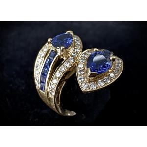 18k Yellow Gold Ring - Two Pear Sapphires + Calibrated Sapphires And Brilliants