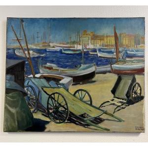 “the Port Of Cannes” Oil On Canvas Signed Pierre Quidu
