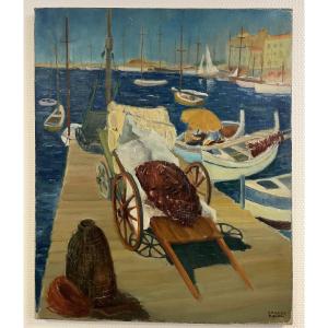 “the Port Of Cannes” Oil On Canvas Signed Pierre Quidu