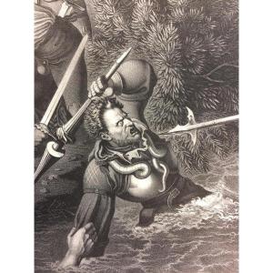 Large 19th Century Engraving — Battle Scene From 1444