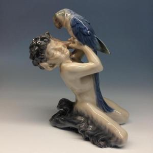 Figure ”faun With Parrot” By Danish Royal Porcelain