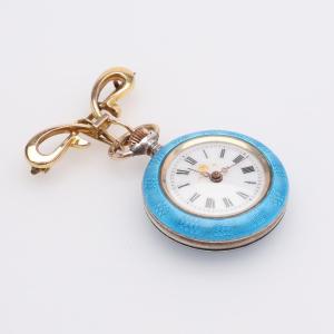 Women's Silver Enamel & Pearl Pocket Watch With Gold Brooch