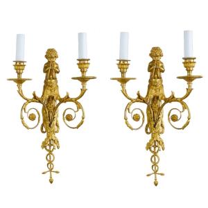 Pair Of French Gilded Bronze Wall Sconces , Louis XVI Style, 19th Century.