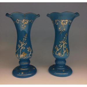 Pair Of Blue Opal Glass Vases