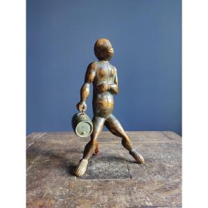 Popular Art - Rare Wooden Toy Or Figurine Representing A Monkey Carrying A Barrel 