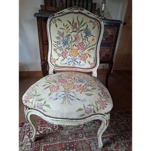 Louis XV Chair With A Flat Back, Painted Off-white, Stitched Upholstery, Early 19th Century