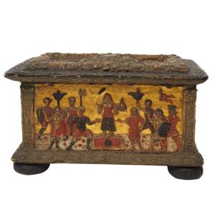 Wooden Casket With Polychrome And Gilded "pastiglia" Relief Decor, Italy 15th C.