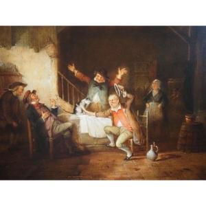 F. Melzer (1808 – 1865), Tavern Scene With Cat, Oil On Panel