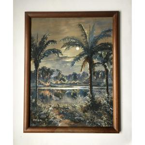 William Frederick Padwick Burton (1886-1971). " Feu de joie, clair de lune au Congo". Vers 1920