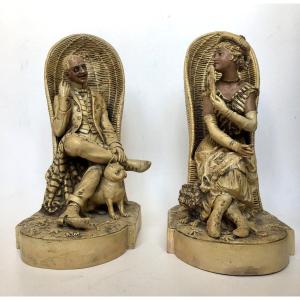 Pair Of Polychrome Terracotta. "elegant On The Beach At The End Of The 19th Century". Austria.