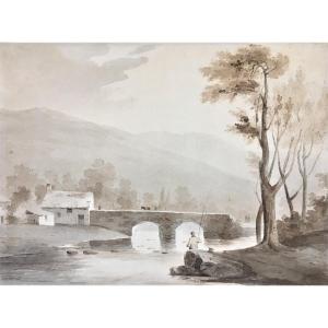 Samuel Jackson (bristol, 1794 – Clifton 1869). “landscape With A Fisherman”. Watercolor.