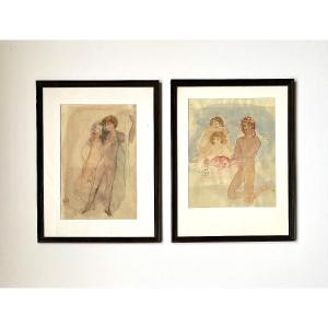 Pair Of Watercolors. "nudes". Circa 1940. Signed.
