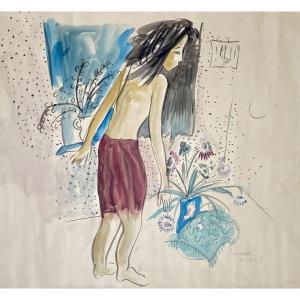 Thumbelina Falconer (1924-2004). "young Girl With Vases". 1943. Watercolor.