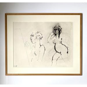 Roger Somville (1923-2014). "the Painter And His Model". 1969. Indian Ink.