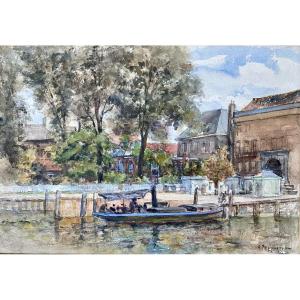 Alphonse Pecquereau (valenciennes, 1831- Brussels, 1917). "boat Trip". 19th Century. Watercolor.