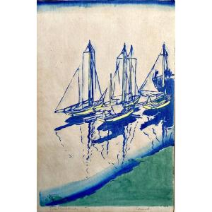 Siegfried Berndt (1880 - 1946). "boats On The Elbe". Woodcut. Japanese Paper.