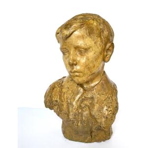 Original Patinated Plaster. "bust Of A Young Man". Circa 1900. Signed.