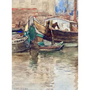 François Bulens (brussels, 1857-1940). "sailor In The Port". 1905. Watercolor.