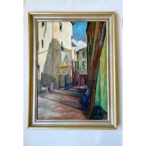 Louis Crombin (brussels, 1872-?). "lively Alley In Menton". 1920s. Brabant Fauvism.
