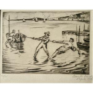 Szanto Karoly (hungary, 19th-20th Centuries). "fishermen In Naples". 1924. Engraving.