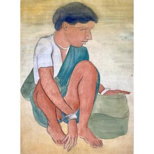 Govind Madhav Solegaonkar (1912-1986). "seated Indian Woman". Gouache.