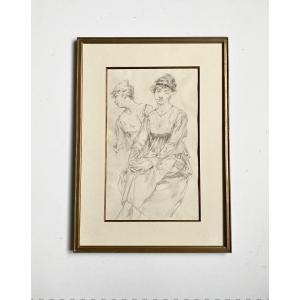 Henri Privat-livemont (1861-1936, Brussels). Drawing. Art Nouveau. "two Women". Circa 1900.