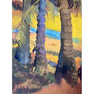 Govind Madhav Solegaonkar (1912-1986). "palm Trees". Gouache. Indian School. 1930s-40s.