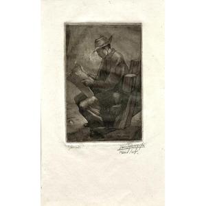 Luis Angel Rengifo (1906-1986, Colombia). "mexican Worker Reading A Newspaper". 1948. Engraving