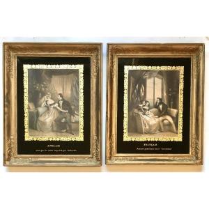 Achille Devéria (paris, 1800-1857). Pair Of Engravings. Eglomisé Frames. "romantic Scenes"