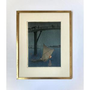 Arai Yoshimune (新井芳宗, 1863-1941). Woodblock Print. "fishing Net And Lamp". Japanese School