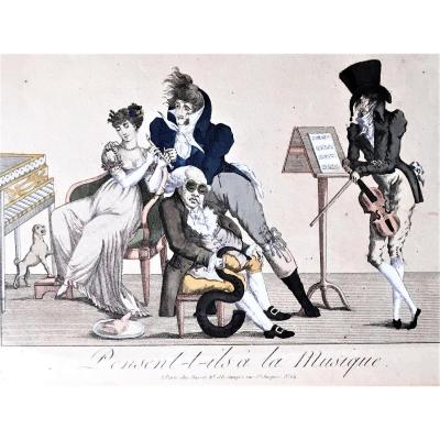 Satirical Engraving. "do They Think Of Music". Around 1840.