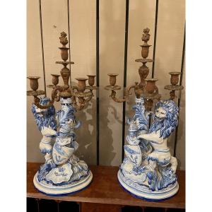 Pair Of Saint Clement Earthenware Candelabra