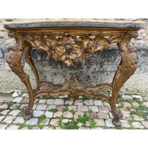 Large Italian Console With 4 Legs In Carved And Gilded Wood 