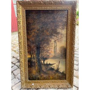 Huile Sur Toile Signé René Gourdon Représentant Un Paysage Lacustre
