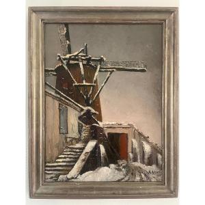 Oil On Canvas Signed And Dated 1929 A. Anssene Representing A Windmill Under The Snow 