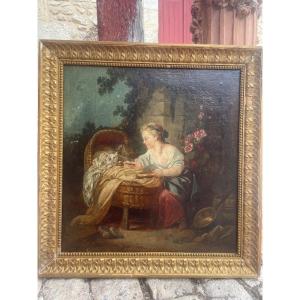 Oil On Canvas Representing A Teenage Girl Feeding Her Cat