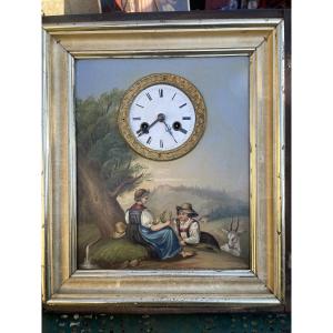 Swiss Clock Painting Circa 1840 With Decor Of A Shepherdess