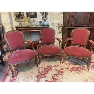 Set Of 3 Louis XV Period Walnut Cabriolets 