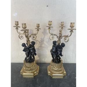 Pair Of Bronze Candelabras With 2 Patinas, Napoleon III Period