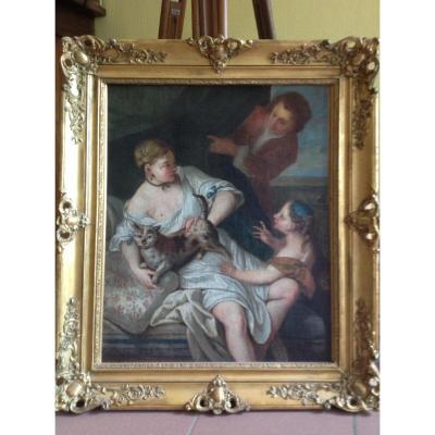 Oil On Canvas Follower Of F. Boucher Time 18 Eme The Woman At The Cat