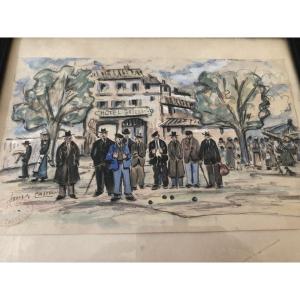 Watercolor Game Of Pétanque Signed Joseph Castelli